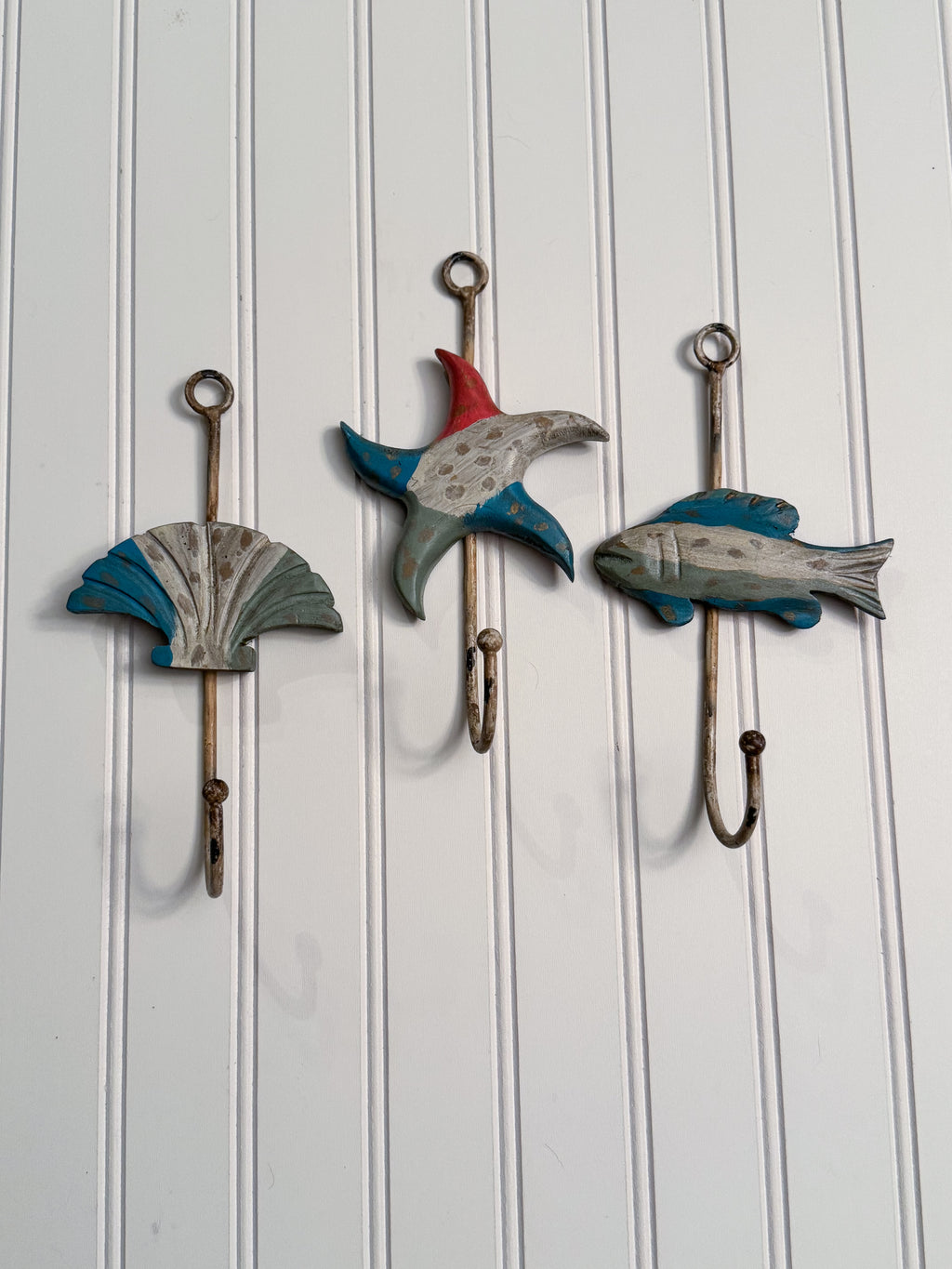 Coastal Wood & Metal Wall Hooks, Set of 3 | Seashell, Starfish & Fish