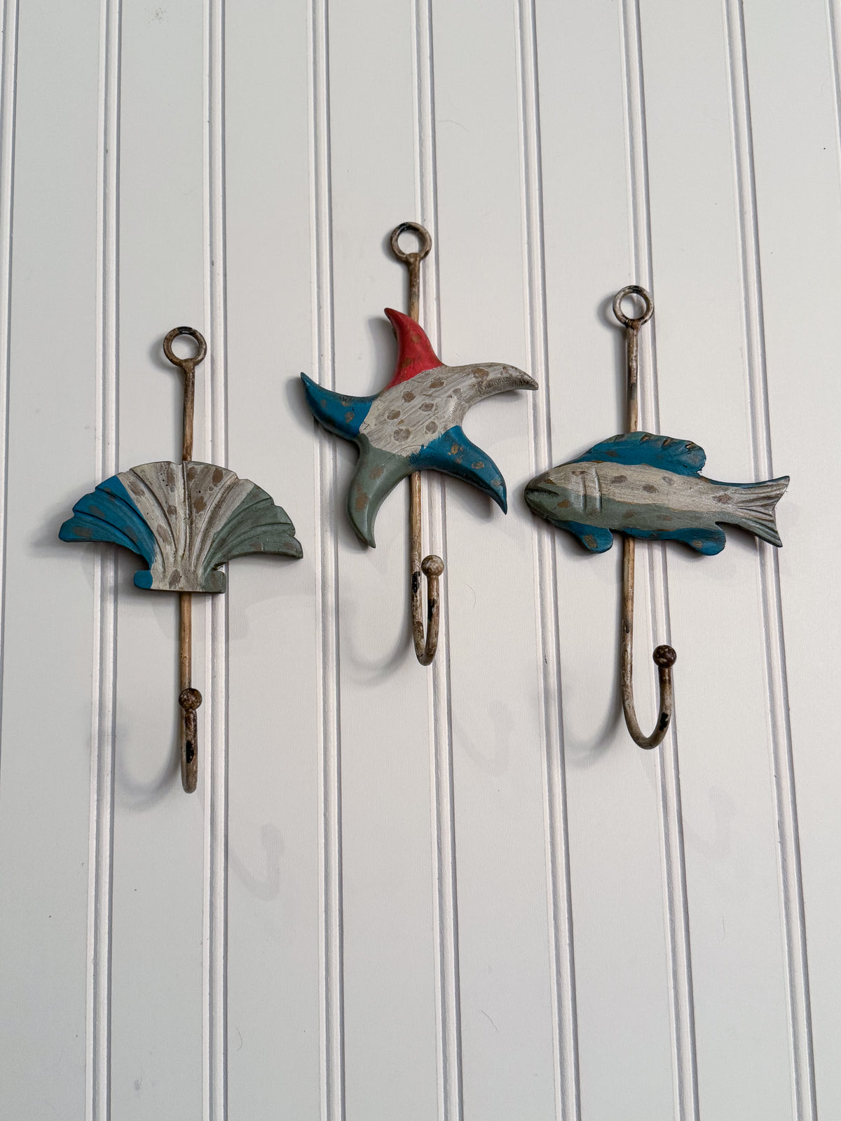 Coastal Wood & Metal Wall Hooks, Set of 3 | Seashell, Starfish & Fish