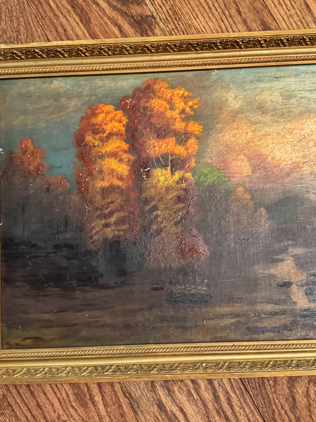 Signed Antique Tonalist Autumn River Landscape Oil Painting by R. Watkins | Original Gilt Frame