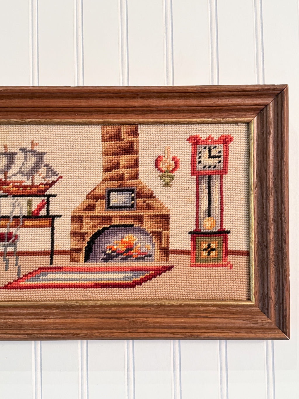 Vintage Framed Hearth Scene Needlepoint | Dog, Fireplace & Grandfather Clock