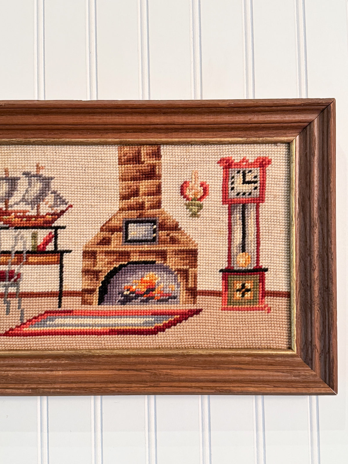 Vintage Framed Hearth Scene Needlepoint | Dog, Fireplace & Grandfather Clock
