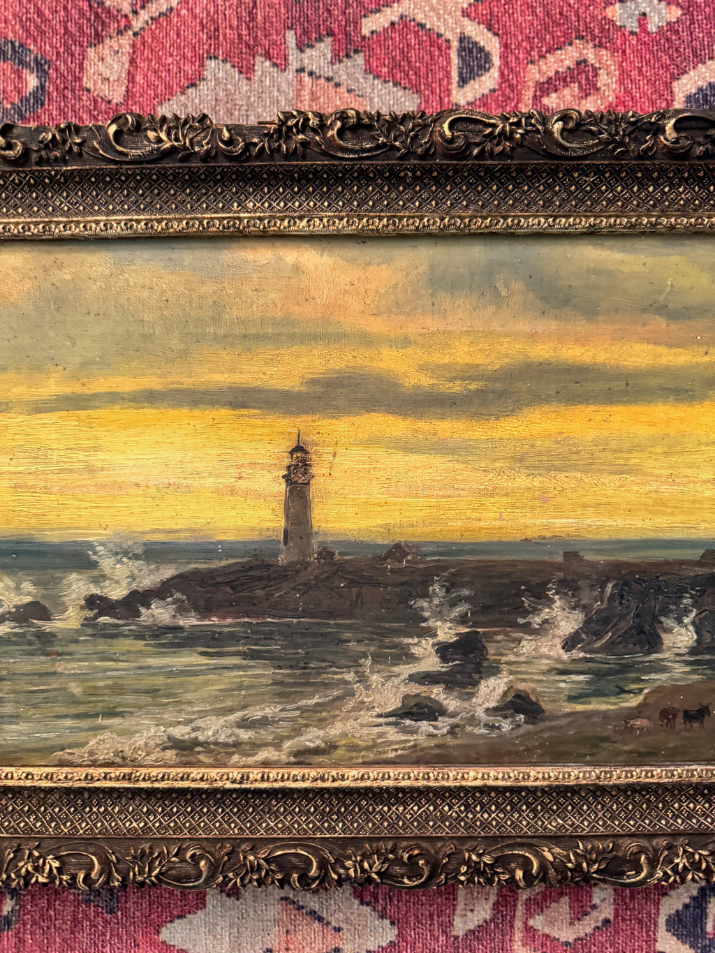 Antique Coastal Lighthouse Oil Painting with Grazing Cattle in Carved Gilt Wood Frame