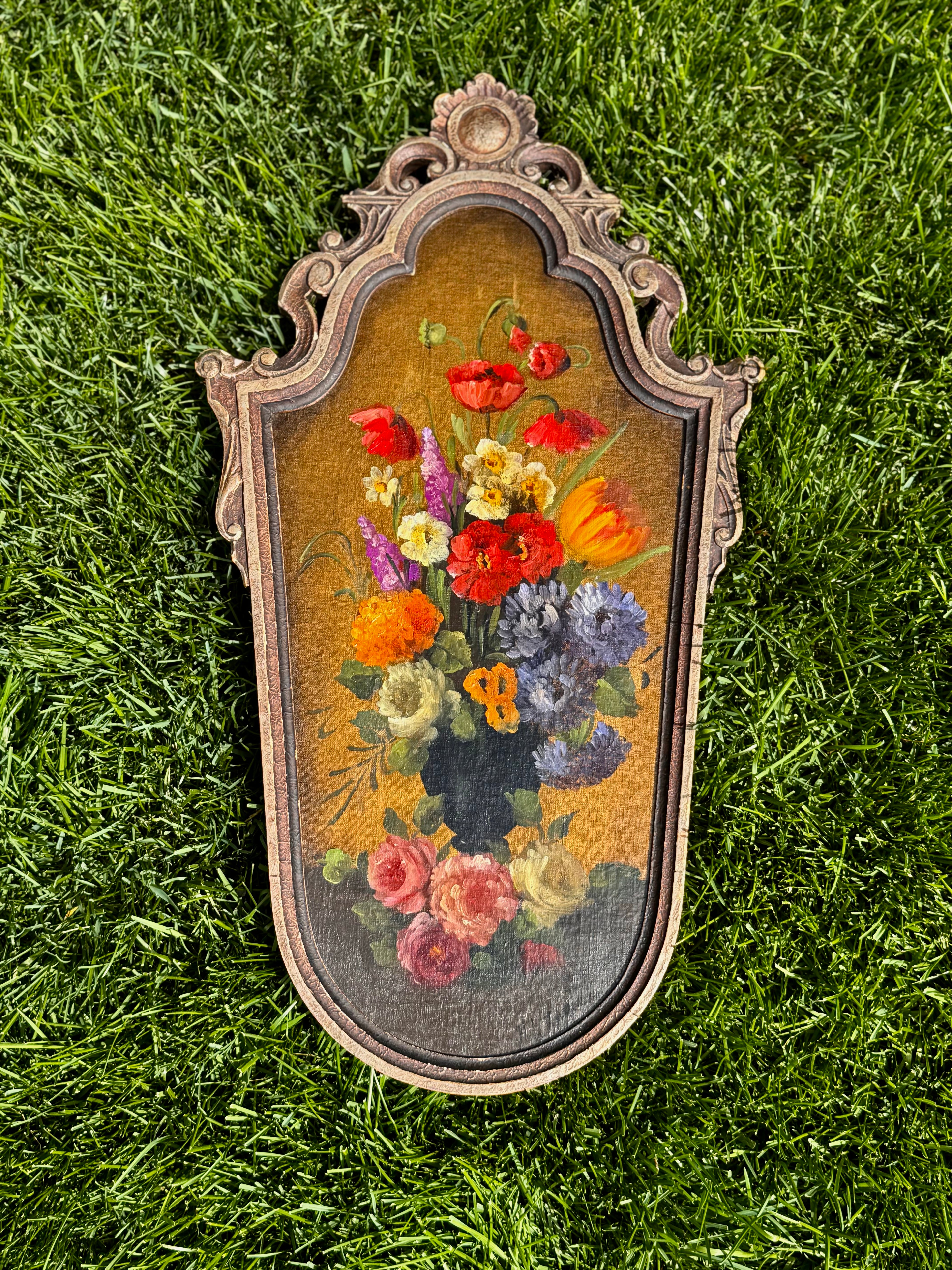 Antique Signed Floral Still Life Oil on Board, Ornate Frame – 28” x 16”