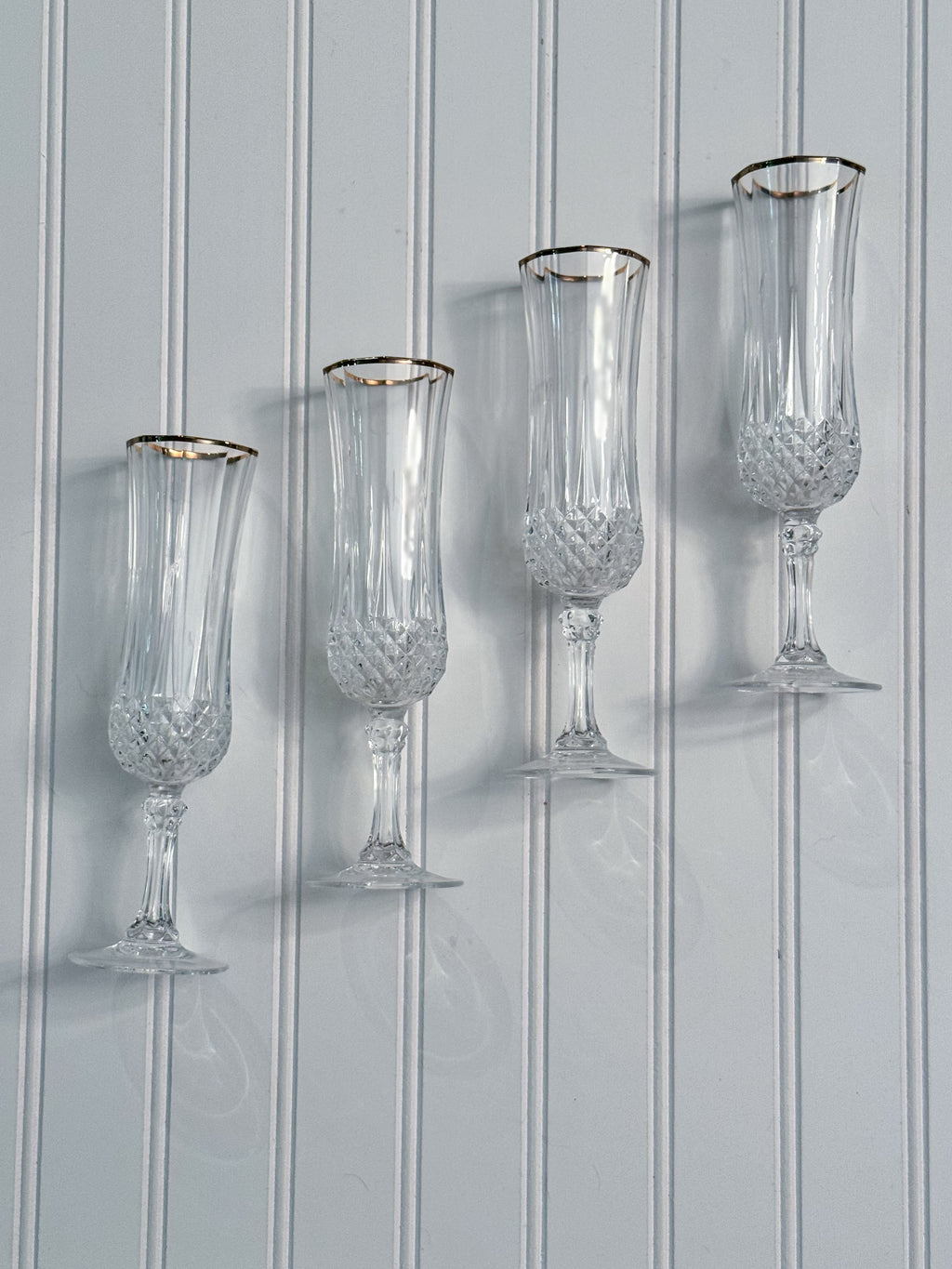 Vintage Gold-Rimmed Crystal Champagne Flutes, Set of 4 | Cut Crystal Stemware