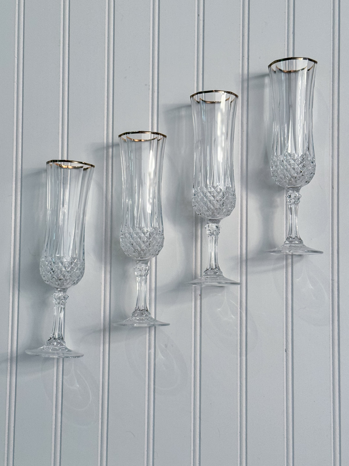Vintage Gold-Rimmed Crystal Champagne Flutes, Set of 4 | Cut Crystal Stemware