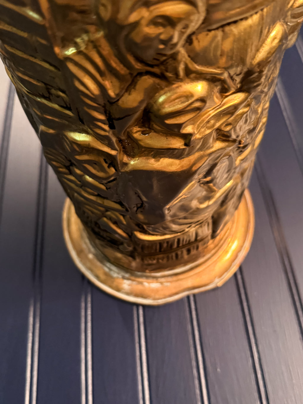 Vintage Brass Umbrella Stand | Embossed Tavern Scene | English Peerage Style | Hall Stand