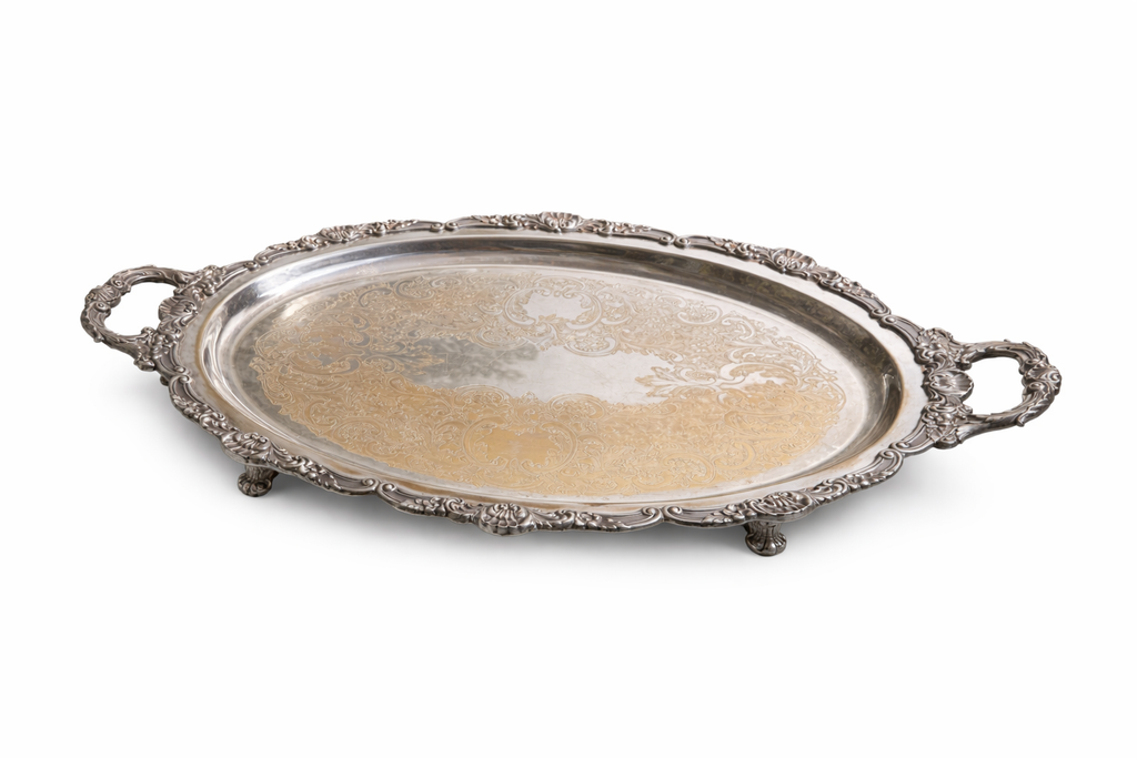 Large Ornate Silverplate Footed Serving Tray or Riser, Late Victorian/Edwardian