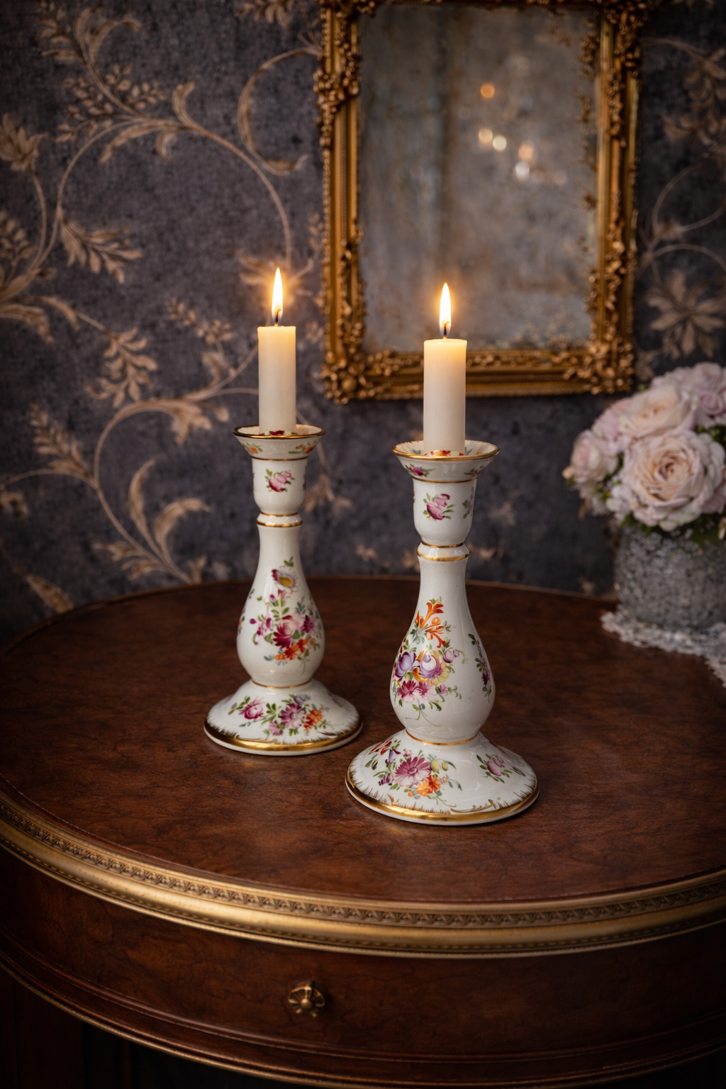 Antique Dresden Porcelain Candlesticks, Crown D Mark Hand-Painted Floral Pair