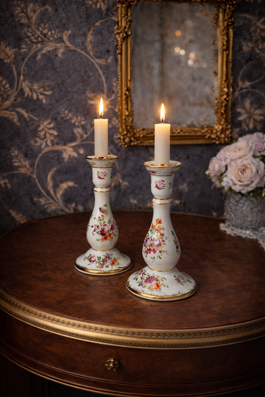 Antique Dresden Porcelain Candlesticks, Crown D Mark Hand-Painted Floral Pair