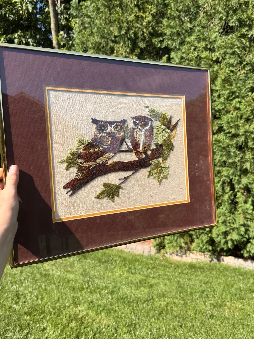 Vintage Owl Crewel Embroidery in Metal Frame