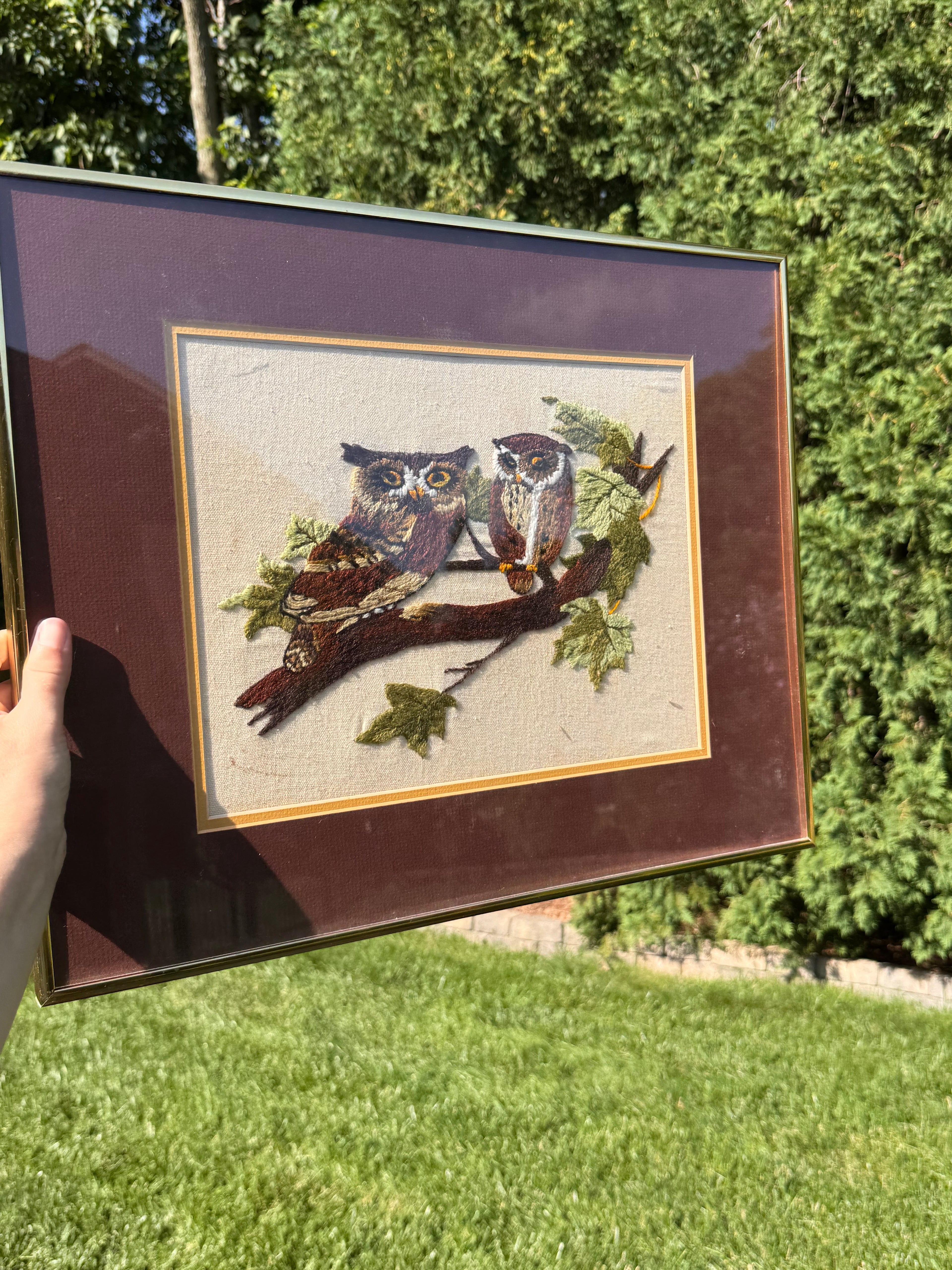 Vintage Owl Crewel Embroidery in Metal Frame