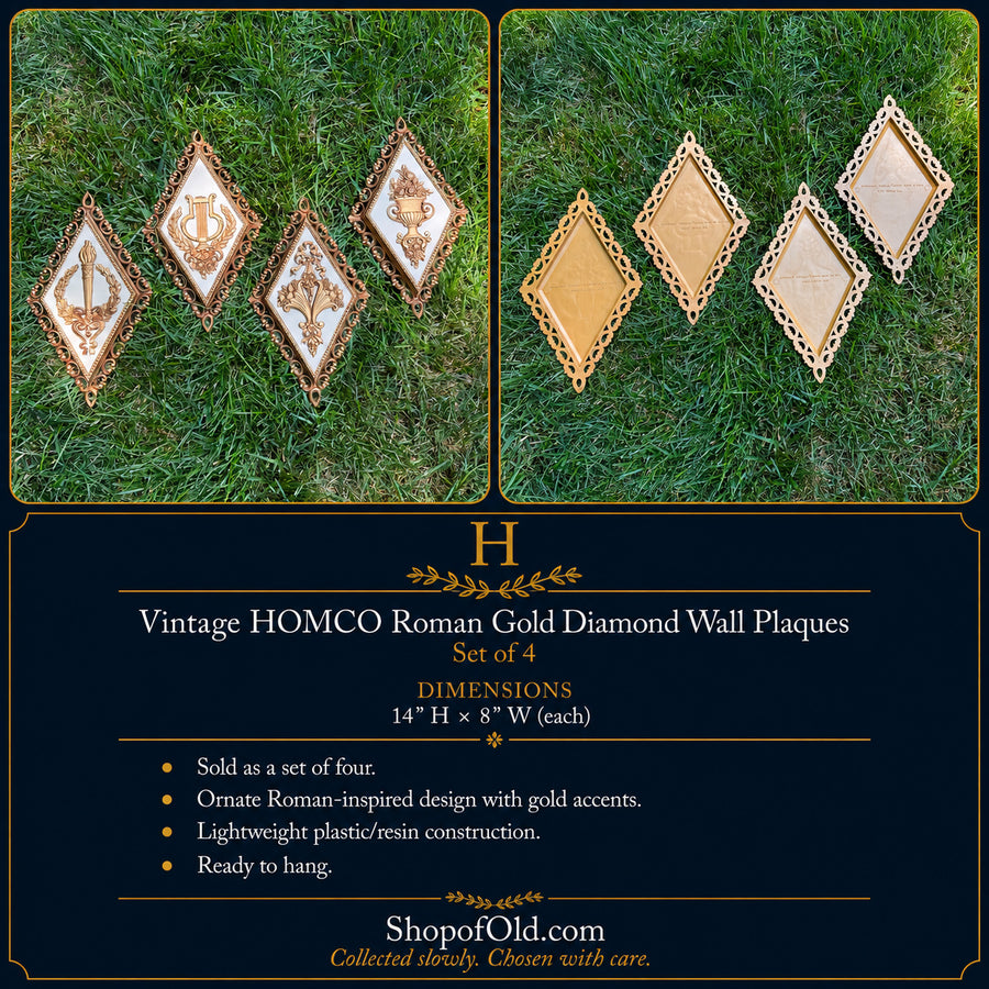 Vintage HOMCO Roman Gold Diamond Wall Plaques | Set of 4 Mid-Century Wall Décor