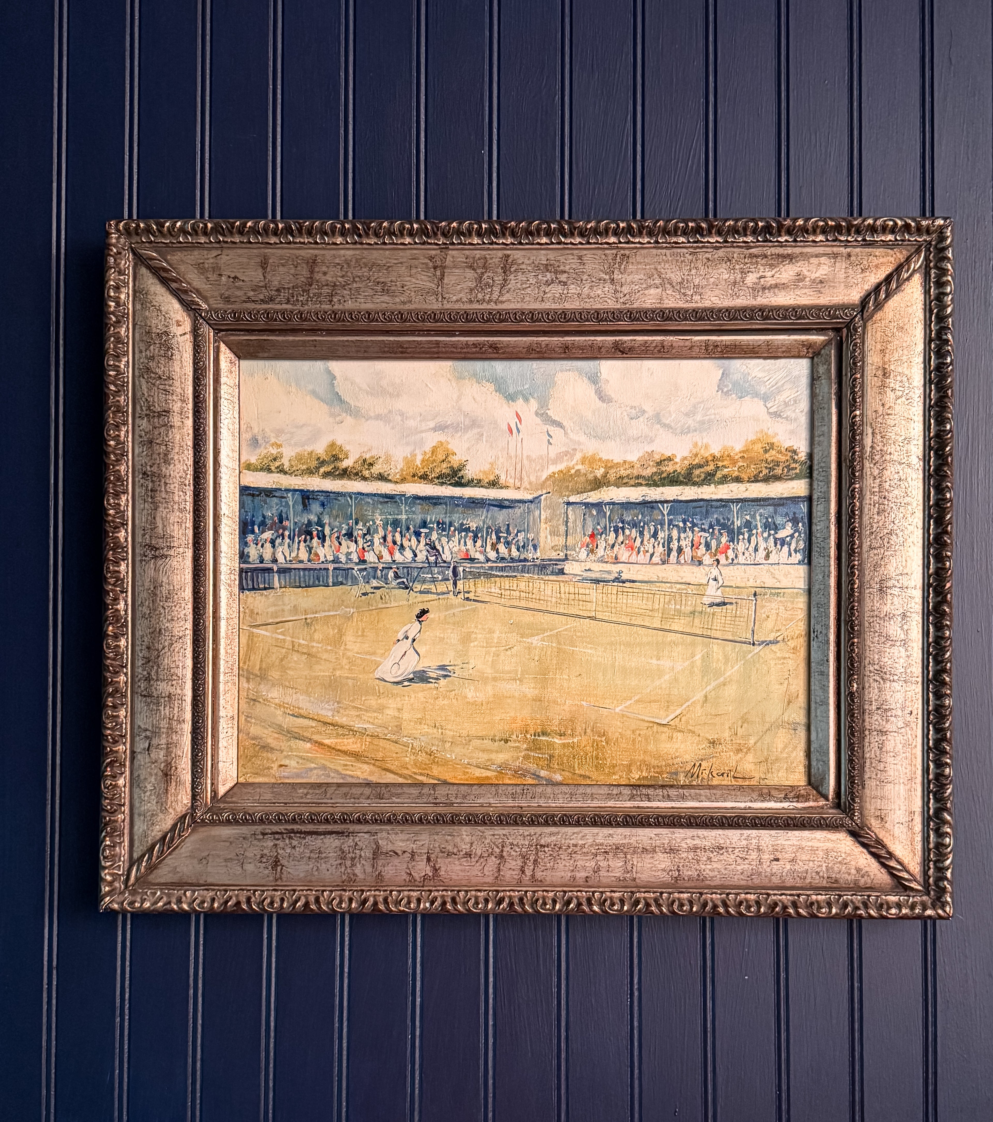 Original Signed Period Tennis Scene Oil Painting on Canvas | Framed Sporting Artwork