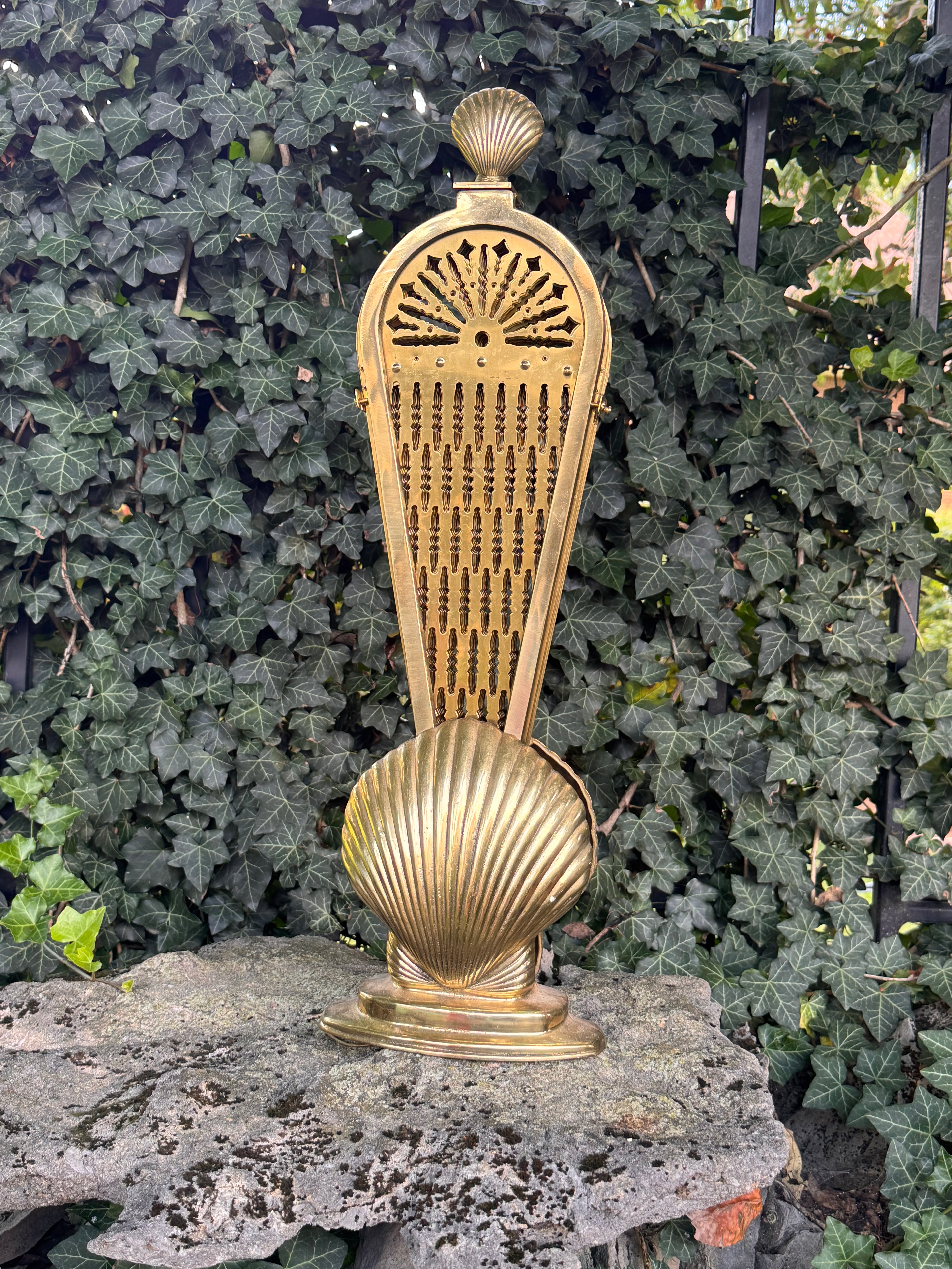 Vintage Solid Brass Peacock Fan Fireplace Screen | Hollywood Regency Folding Clamshell Fire Screen