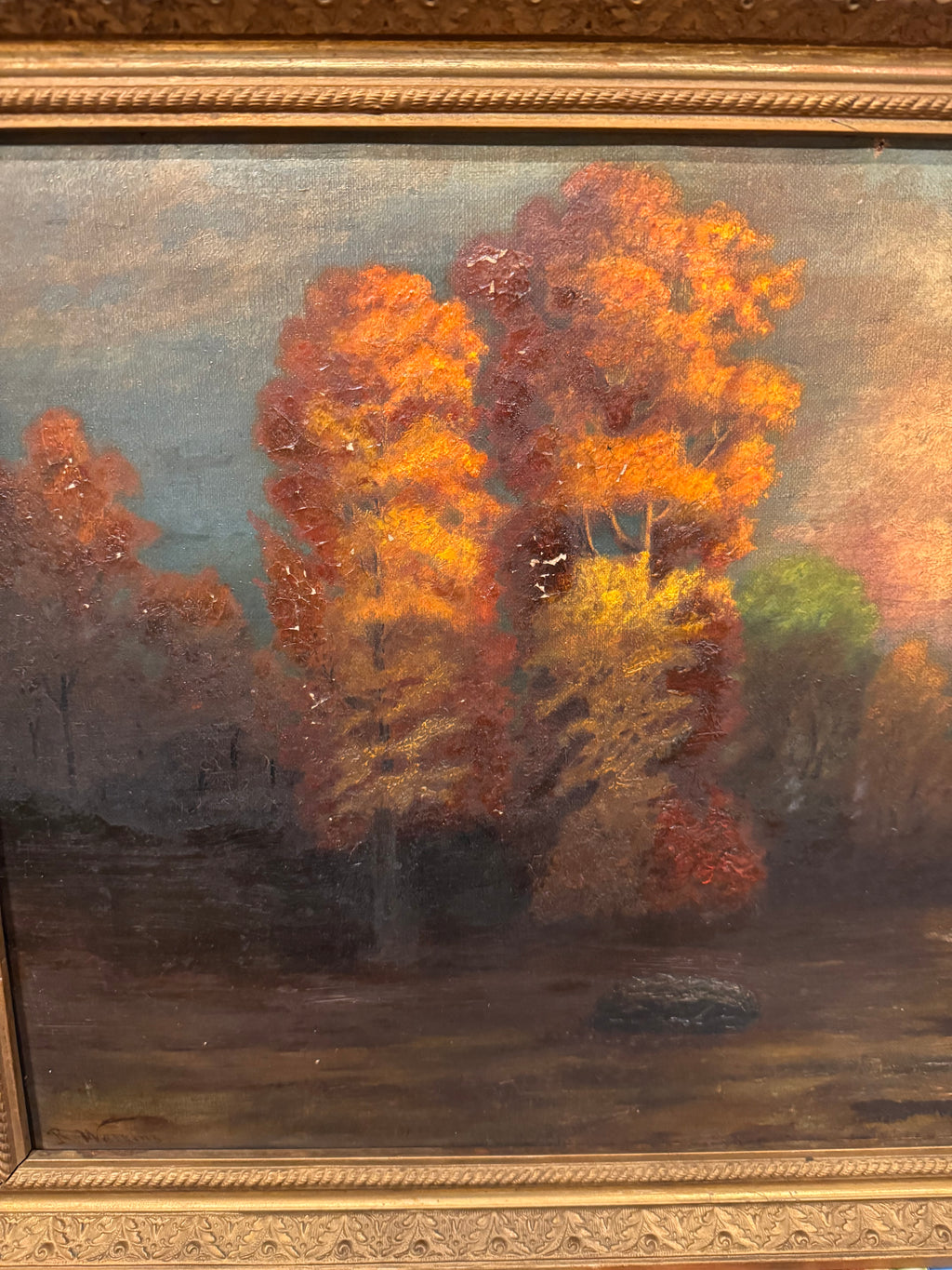 Signed Antique Tonalist Autumn River Landscape Oil Painting by R. Watkins | Original Gilt Frame