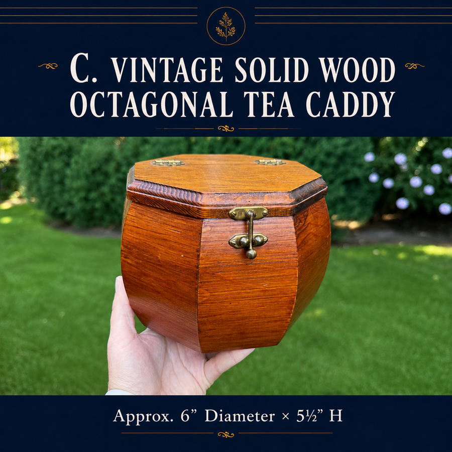 Vintage Solid Wood Octagonal Tea Caddy with Brass Clasp & Felt-Lined Interior