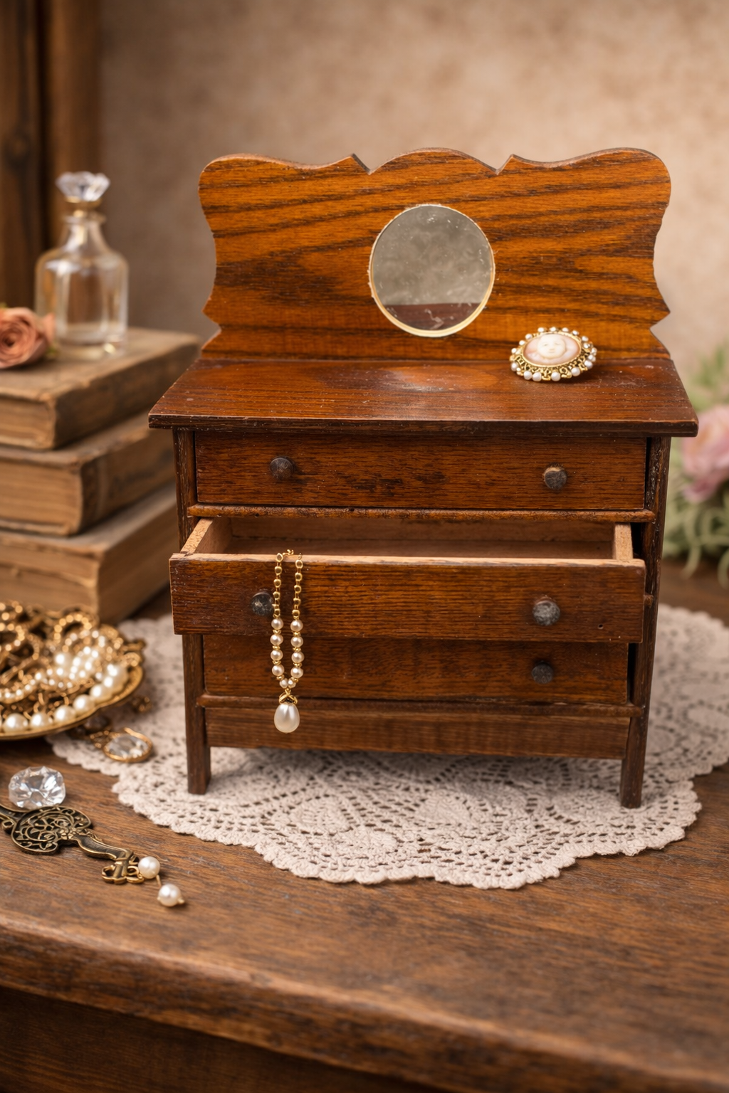 Antique Miniature Wooden Dresser Box Hand-Stained Doll Chest Jewelry Cabinet