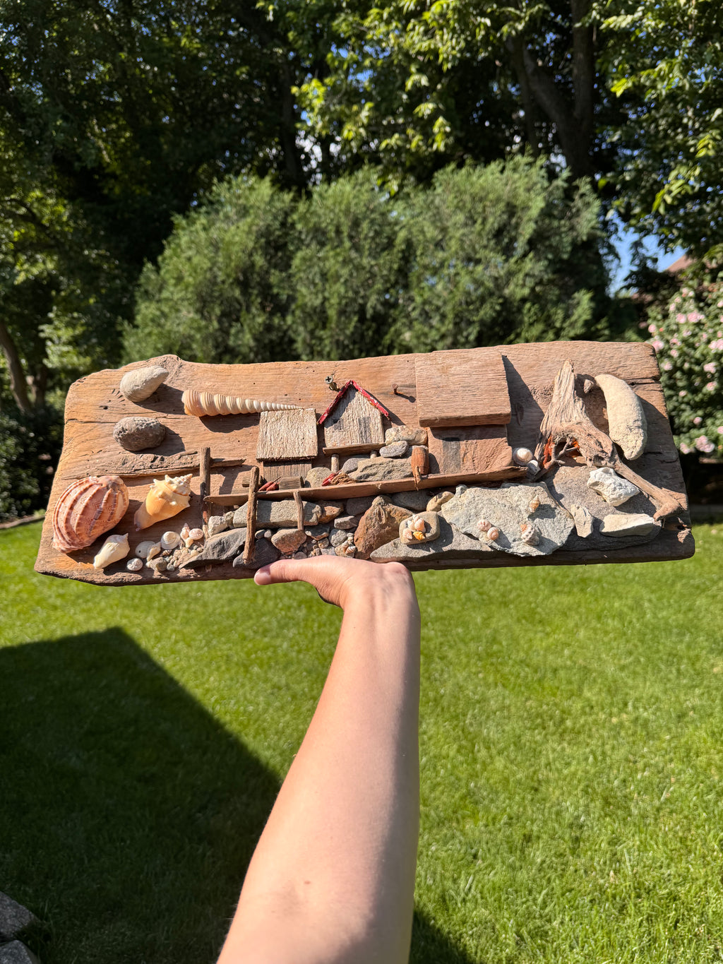 Handmade Coastal Folk Art Driftwood, Stone & Seashell Village Wall Sculpture