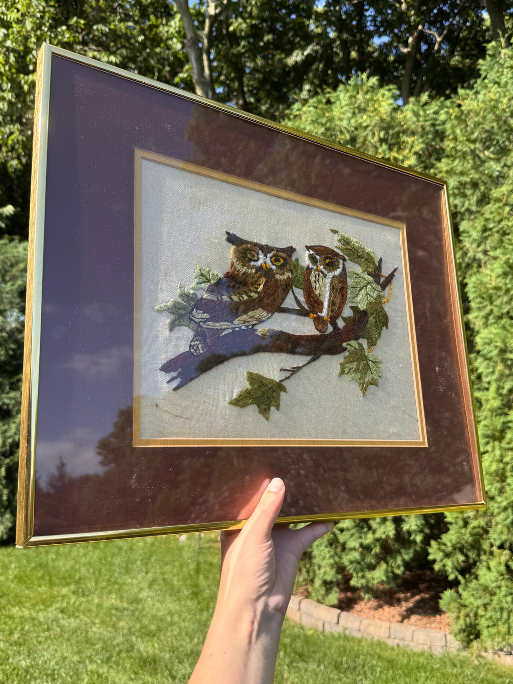 Vintage Owl Crewel Embroidery in Metal Frame