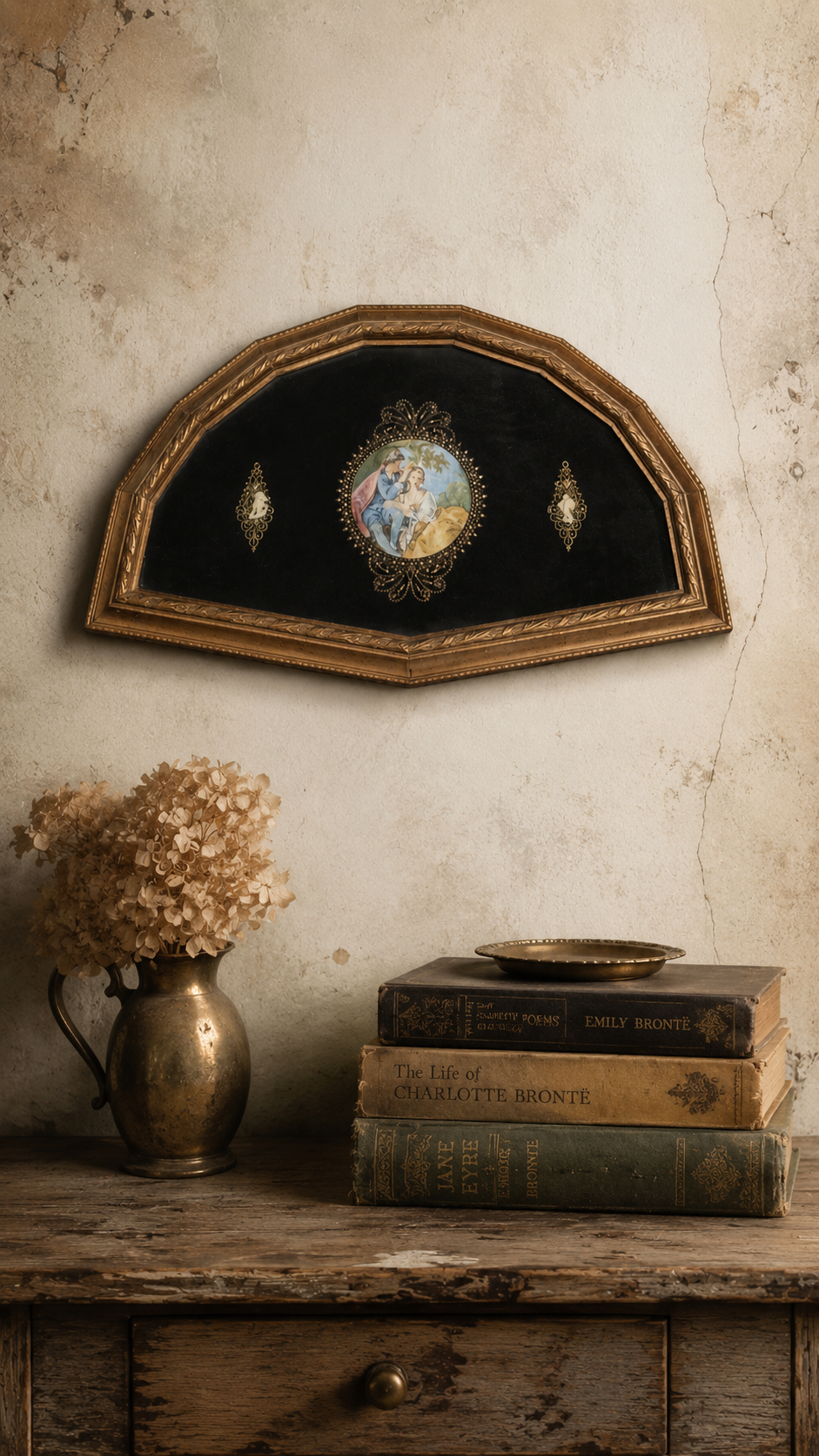 Vintage Sungott Art Studios Gilded Velvet Shadow Box Wall Plaque | Fan-Shaped Romantic Portrait Wall Decor