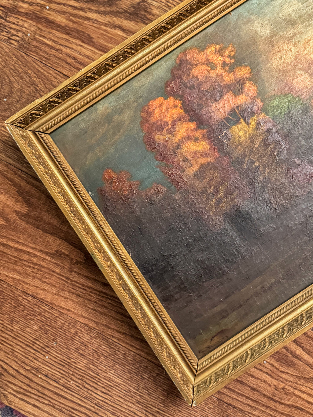 Signed Antique Tonalist Autumn River Landscape Oil Painting by R. Watkins | Original Gilt Frame