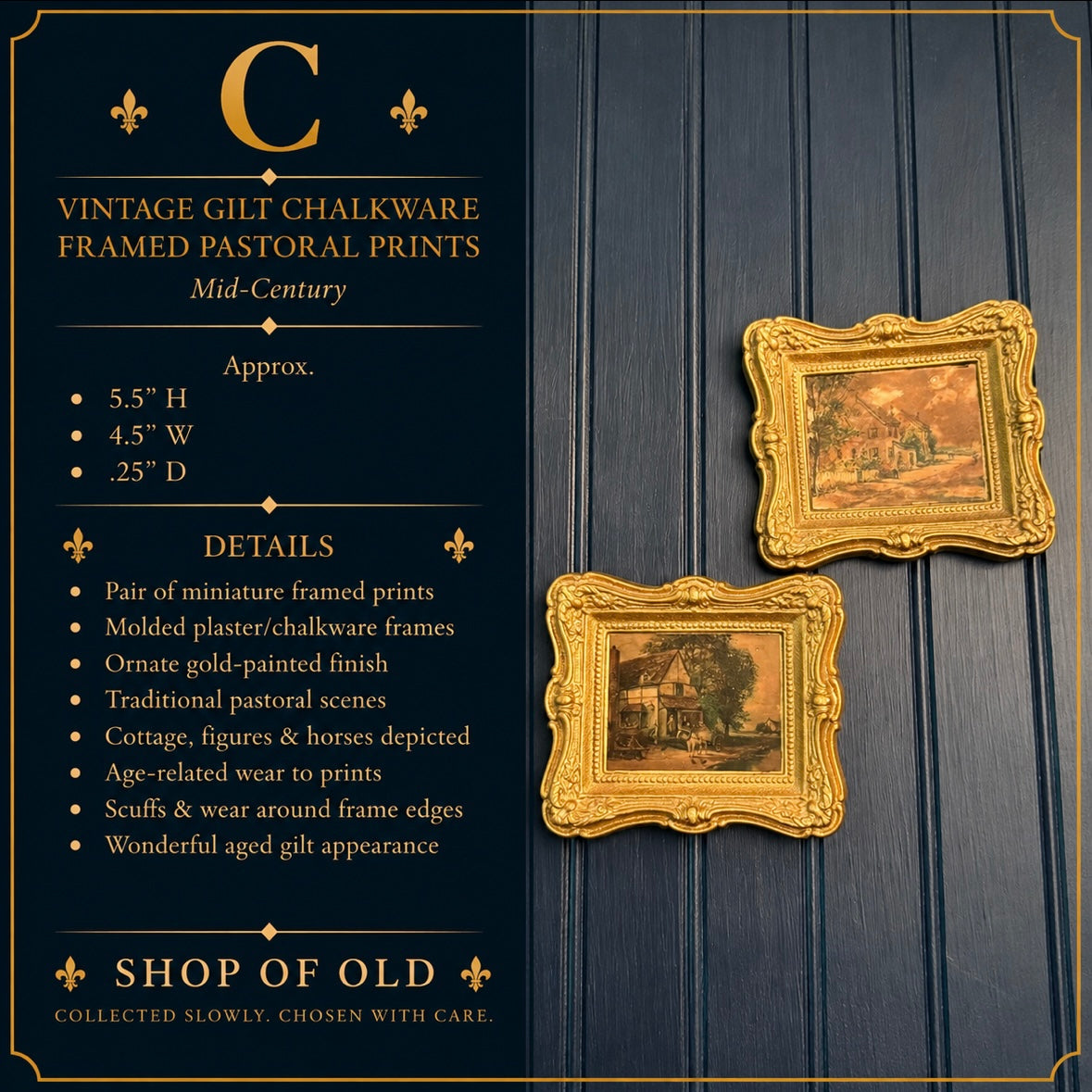 Vintage Gilt Chalkware Framed Pastoral Prints | Mid-Century