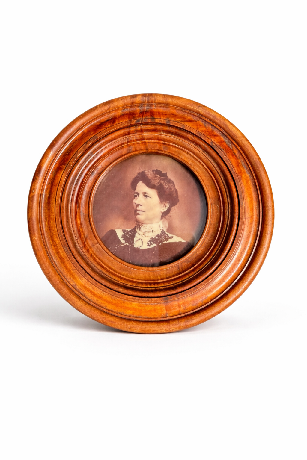 Antique Victorian Solid Walnut Round Portrait Frame with Inscribed Back & Photograph
