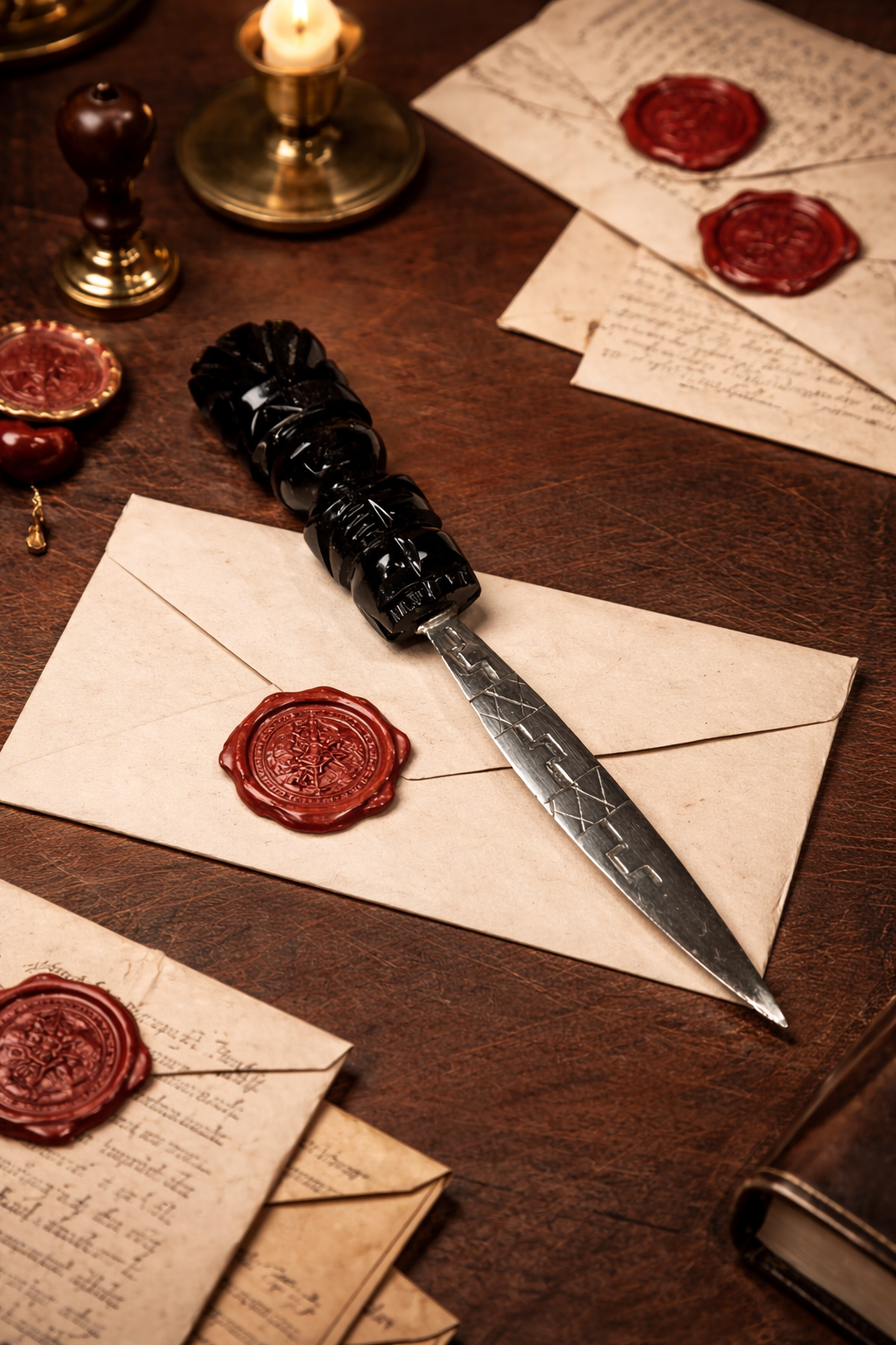 Sterling Silver Letter Opener with Carved Black Onyx Handle