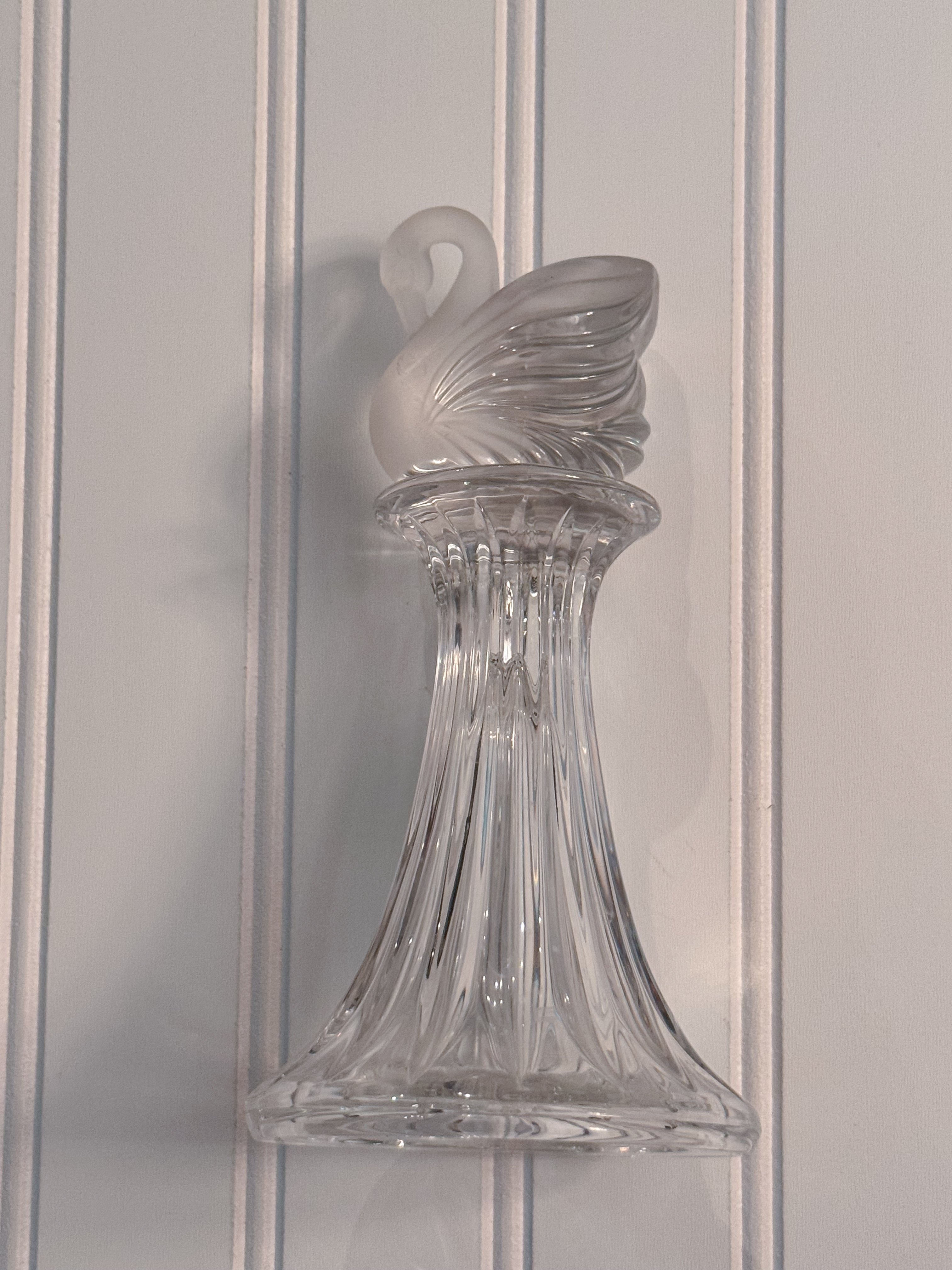 Vintage Frosted Glass Swan Sculpture | Heavy Clear Glass Pedestal Accent | 8”