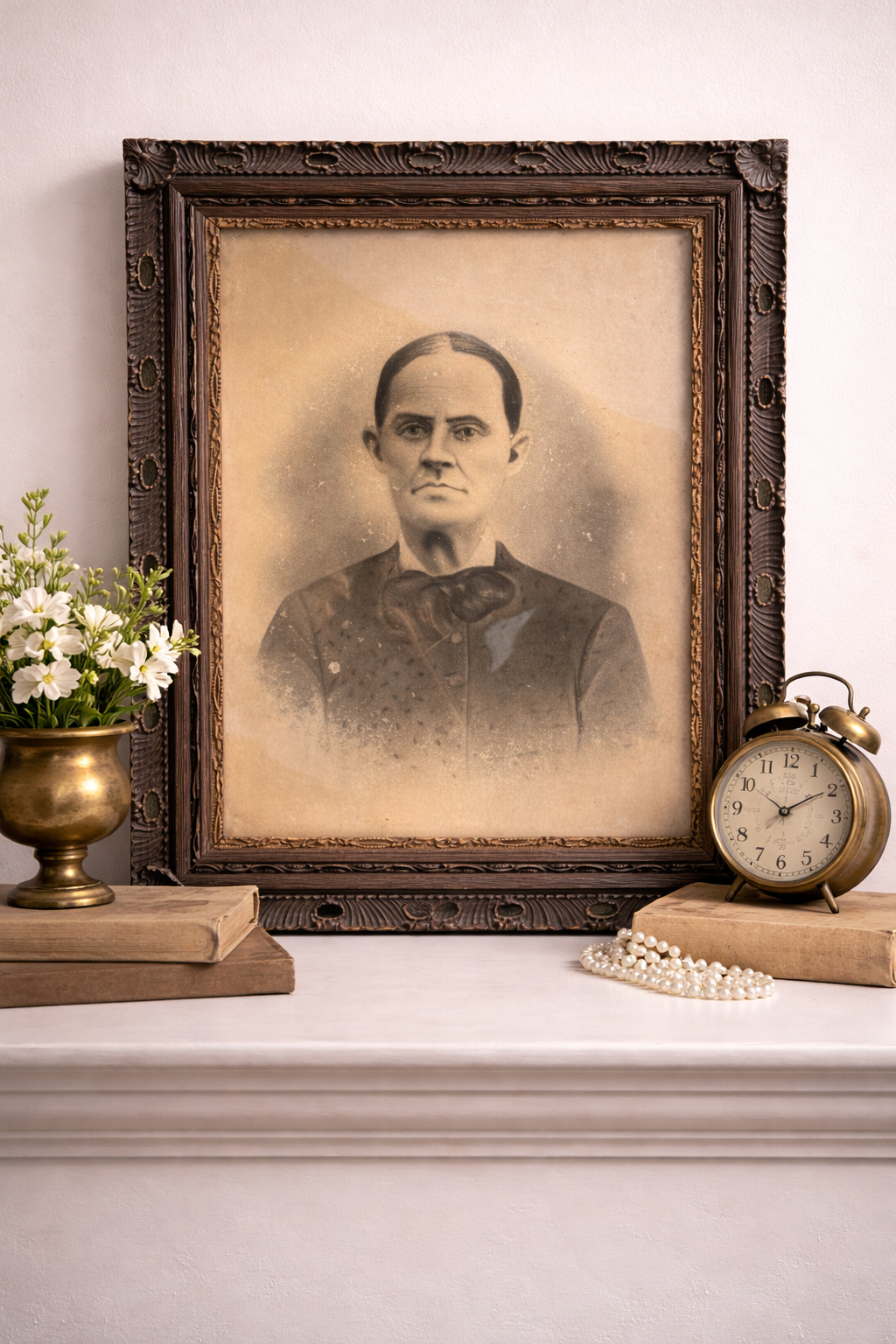 Antique Portrait in Deeply Carved Wood Frame, 27” x 23”