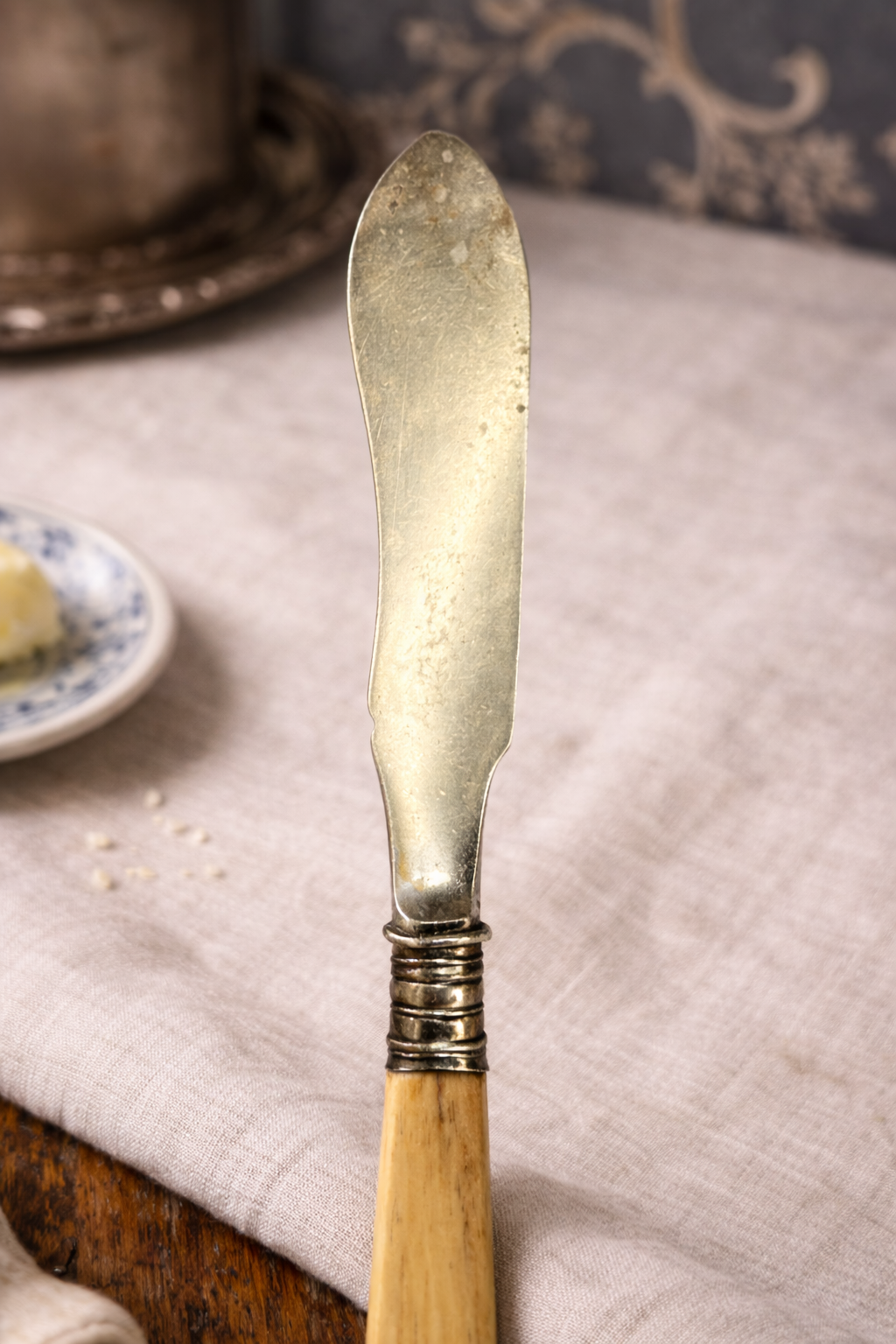 Antique Continental Silverplate Butter Knife with Bone Handle & Hallmarks