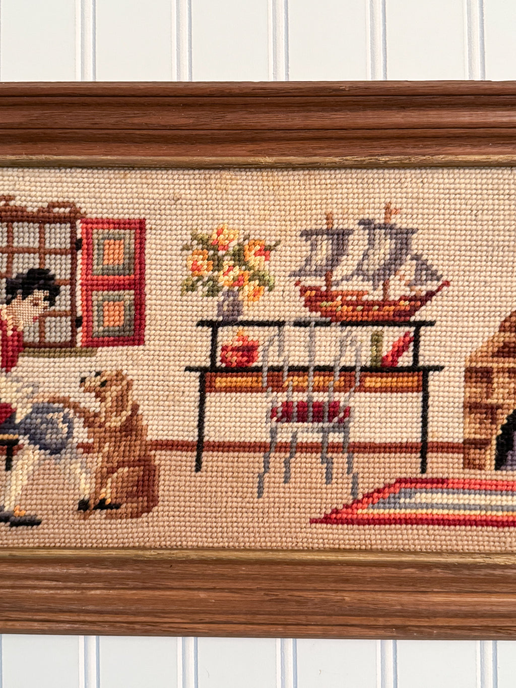 Vintage Framed Hearth Scene Needlepoint | Dog, Fireplace & Grandfather Clock