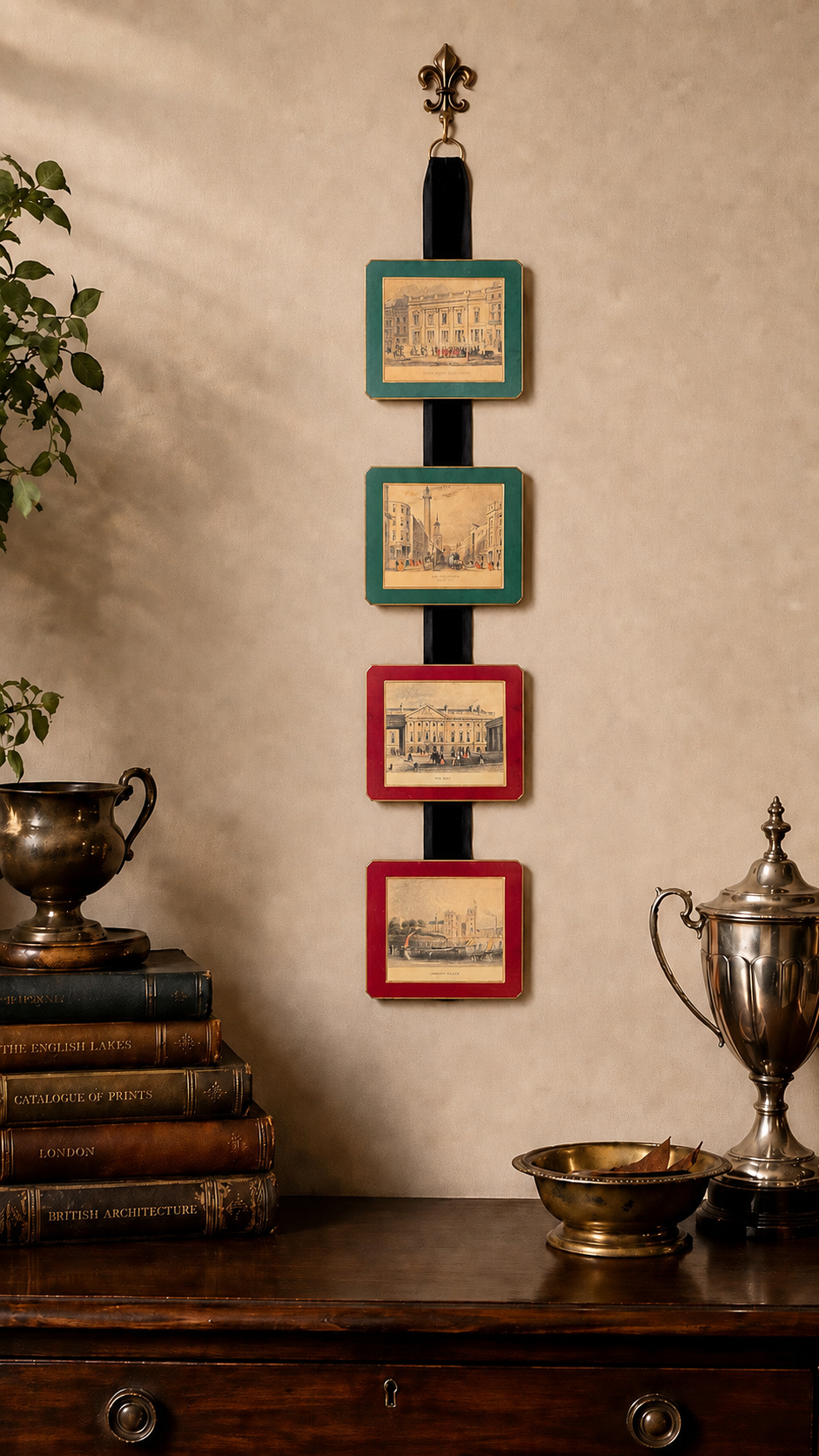 Vintage English London Landmark Coaster Wall Hanging | Lady Clare / Pimpernel Lacquer Coasters on Velvet Ribbon