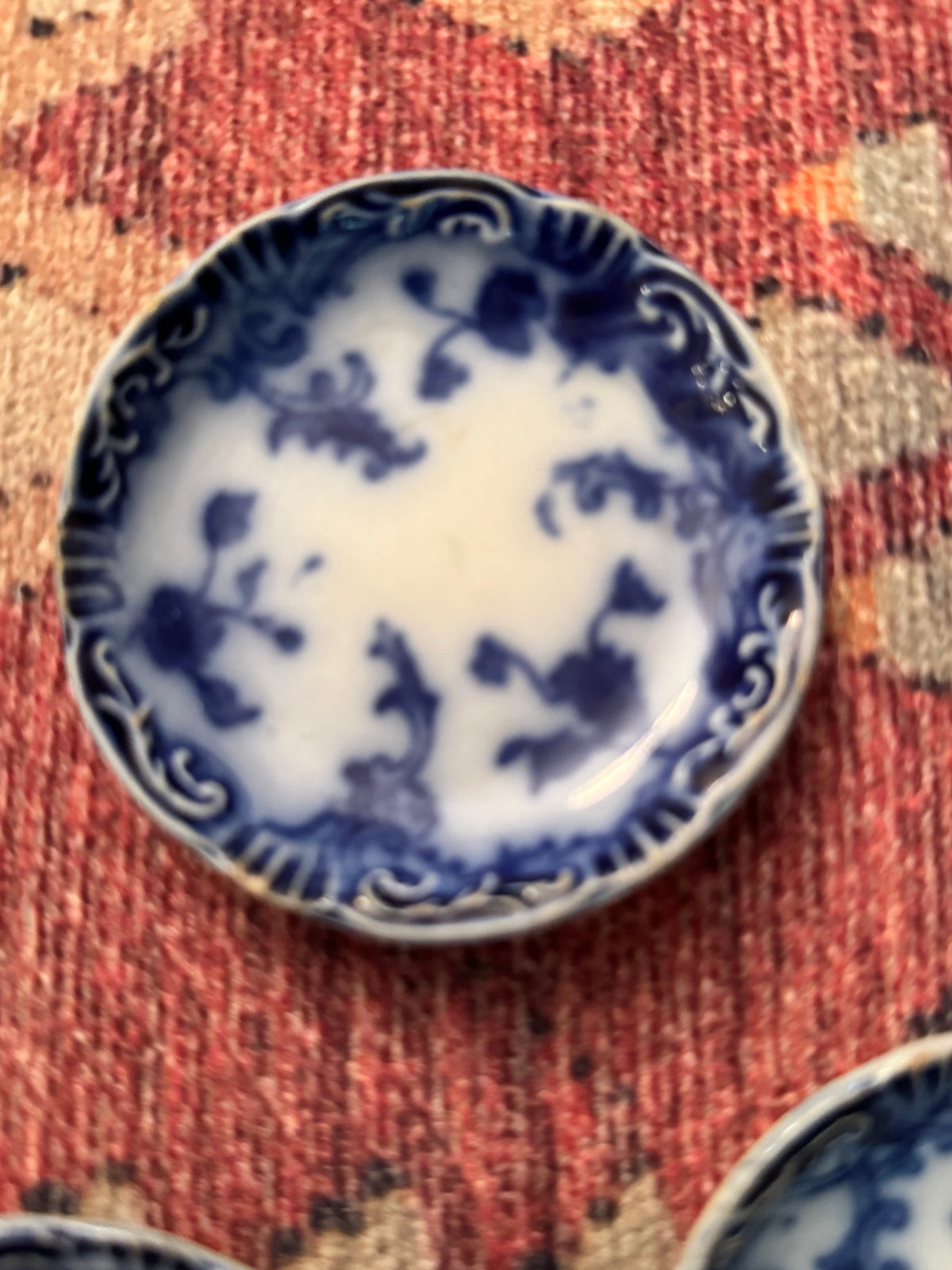 Antique Flow Blue Butter Pats with Silverplate Master Butter Knife | Set of Five