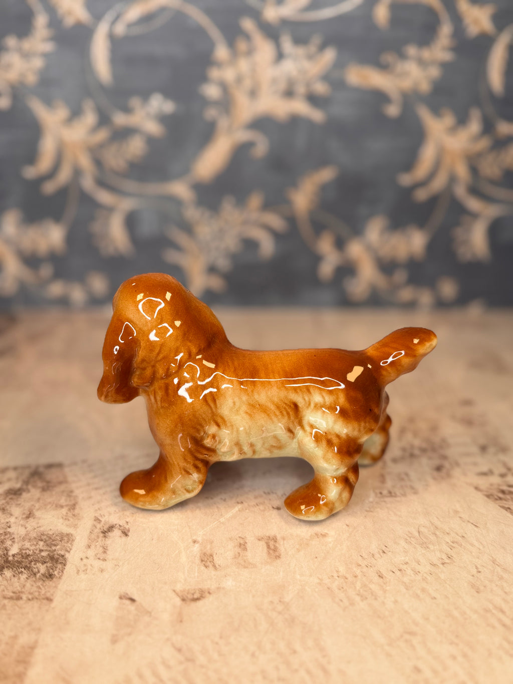 Vintage Porcelain Spaniel Figurine Orange & White Dog Statue