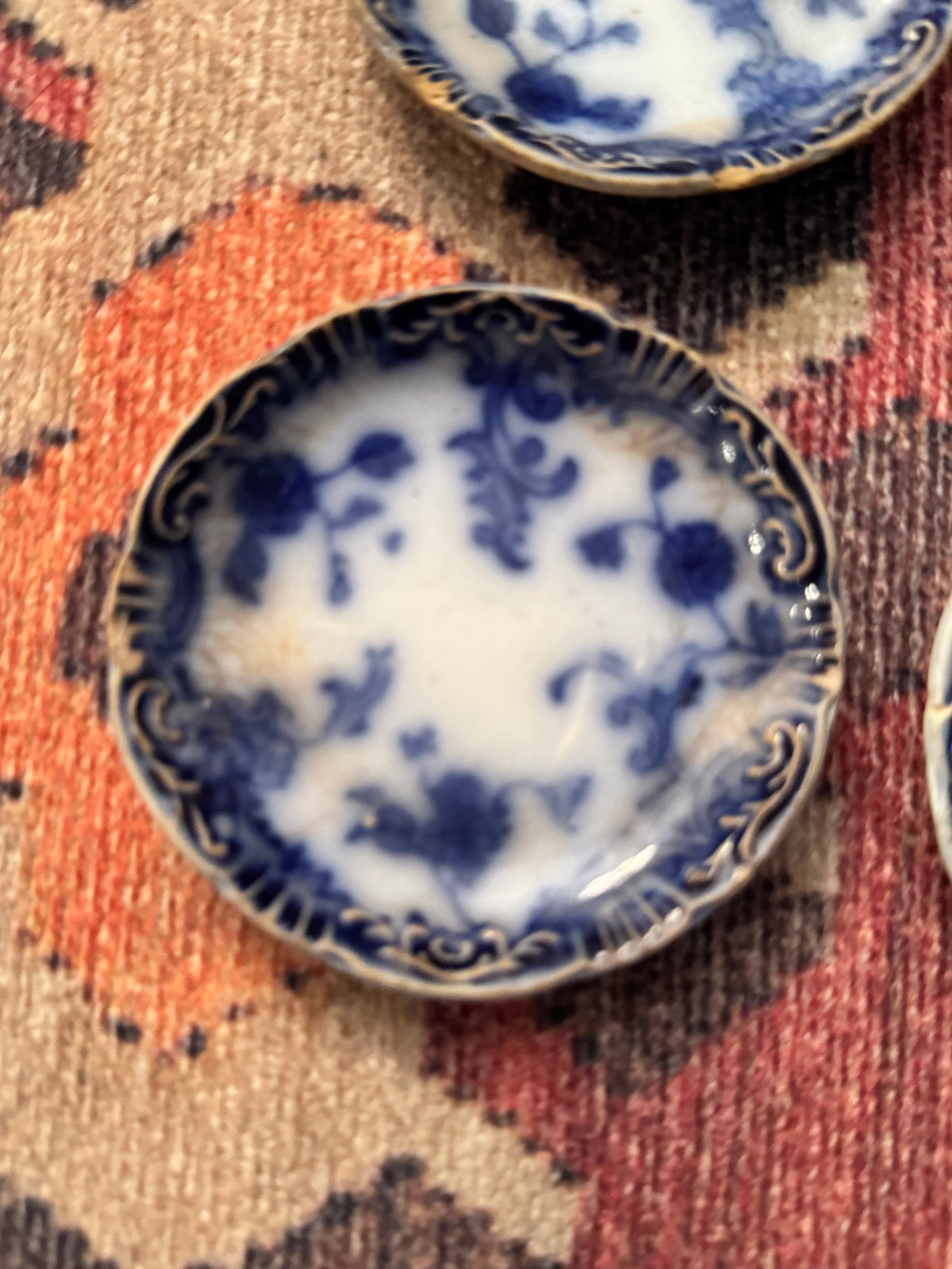 Antique Flow Blue Butter Pats with Silverplate Master Butter Knife | Set of Five