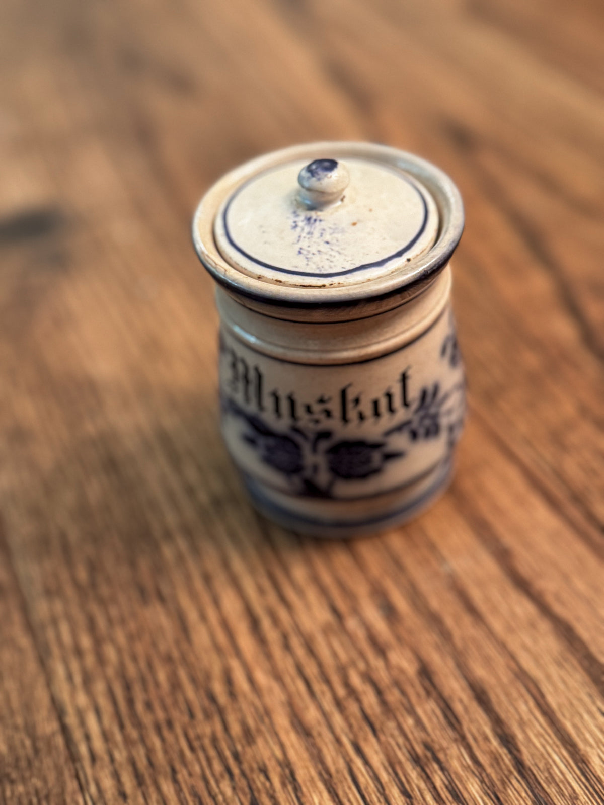 Antique German Muskat Nutmeg Spice Jar | Blue & White Stoneware Canister with Lid
