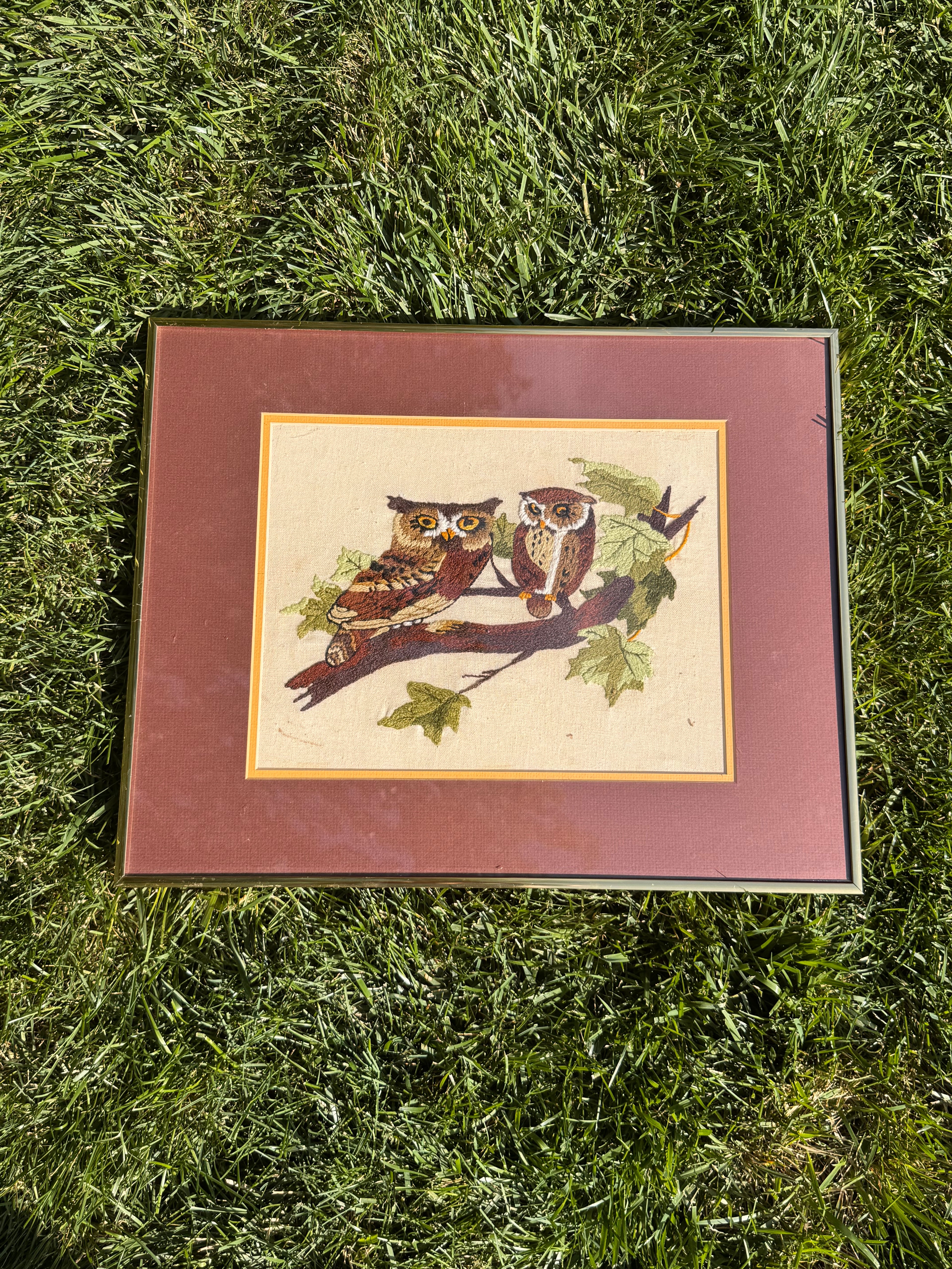 Vintage Owl Crewel Embroidery in Metal Frame