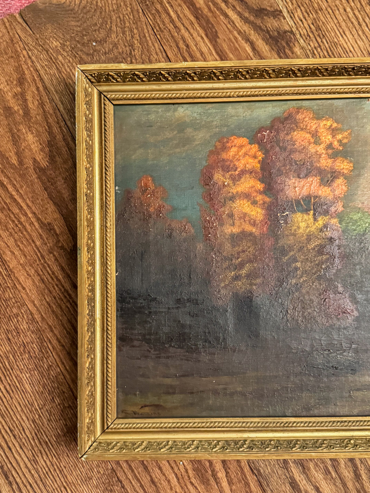 Signed Antique Tonalist Autumn River Landscape Oil Painting by R. Watkins | Original Gilt Frame
