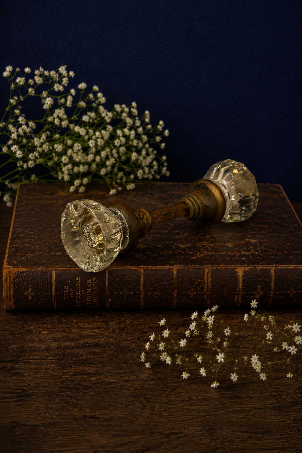 Antique Clear Glass Door Knob Sets with Original Brass Hardware, Collection of 3
