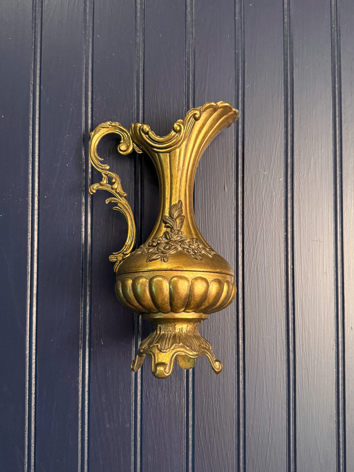 Vintage Ornate Solid Brass Ewer | Made in Italy | Footed Decorative Pitcher | Raised Floral Relief | English Manor Decor