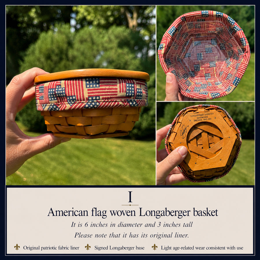 Longaberger Basket with American Flag Fabric Liner & Plastic Protector