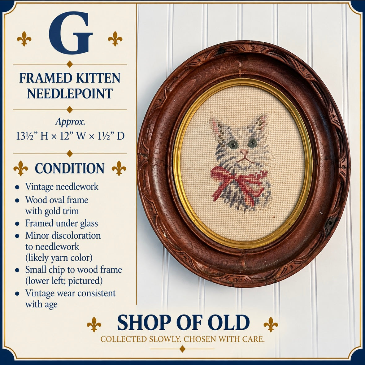 Vintage Framed Kitten Needlepoint | Oval Cat Portrait with Pink Bow