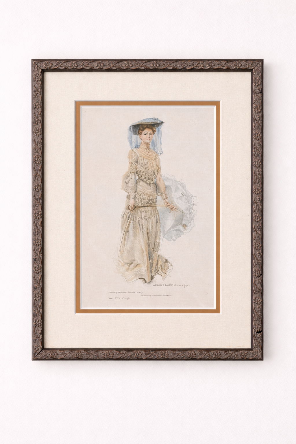 Early 20th Century Howard Chandler Christy Illustration Plate — Linen Mat, Ornate Metal Frame