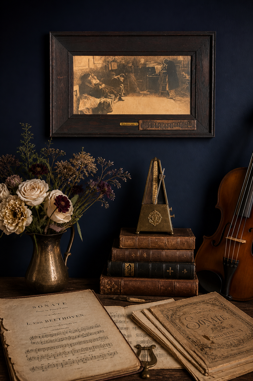 Antique “Beethoven’s Kreutzer Sonata” Print After Lionello Balestrieri with Musical Plaque in Ebonized Frame