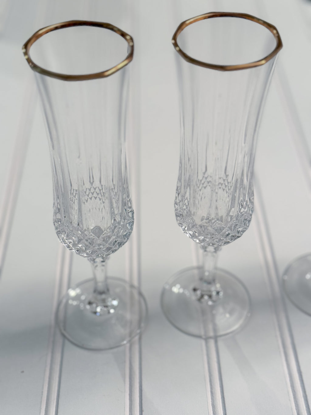 Vintage Gold-Rimmed Crystal Champagne Flutes, Set of 4 | Cut Crystal Stemware
