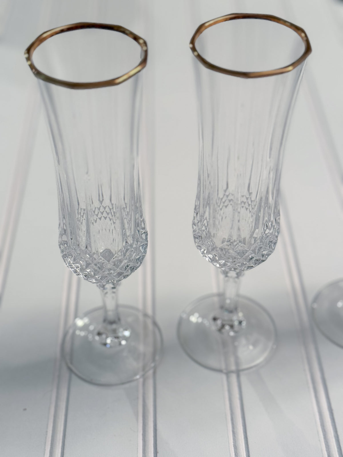 Vintage Gold-Rimmed Crystal Champagne Flutes, Set of 4 | Cut Crystal Stemware