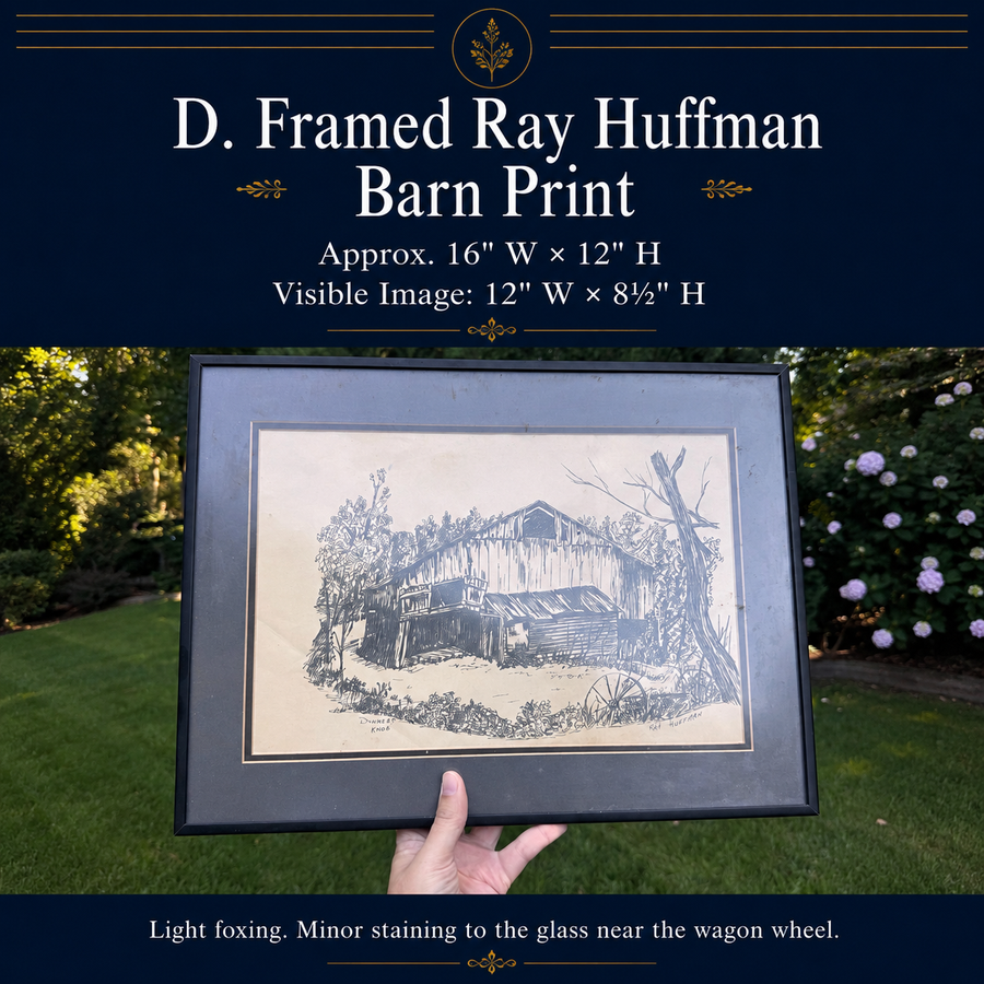 Vintage Framed Ray Huffman Barn Print | Rustic Farmhouse Landscape in Black Metal Frame