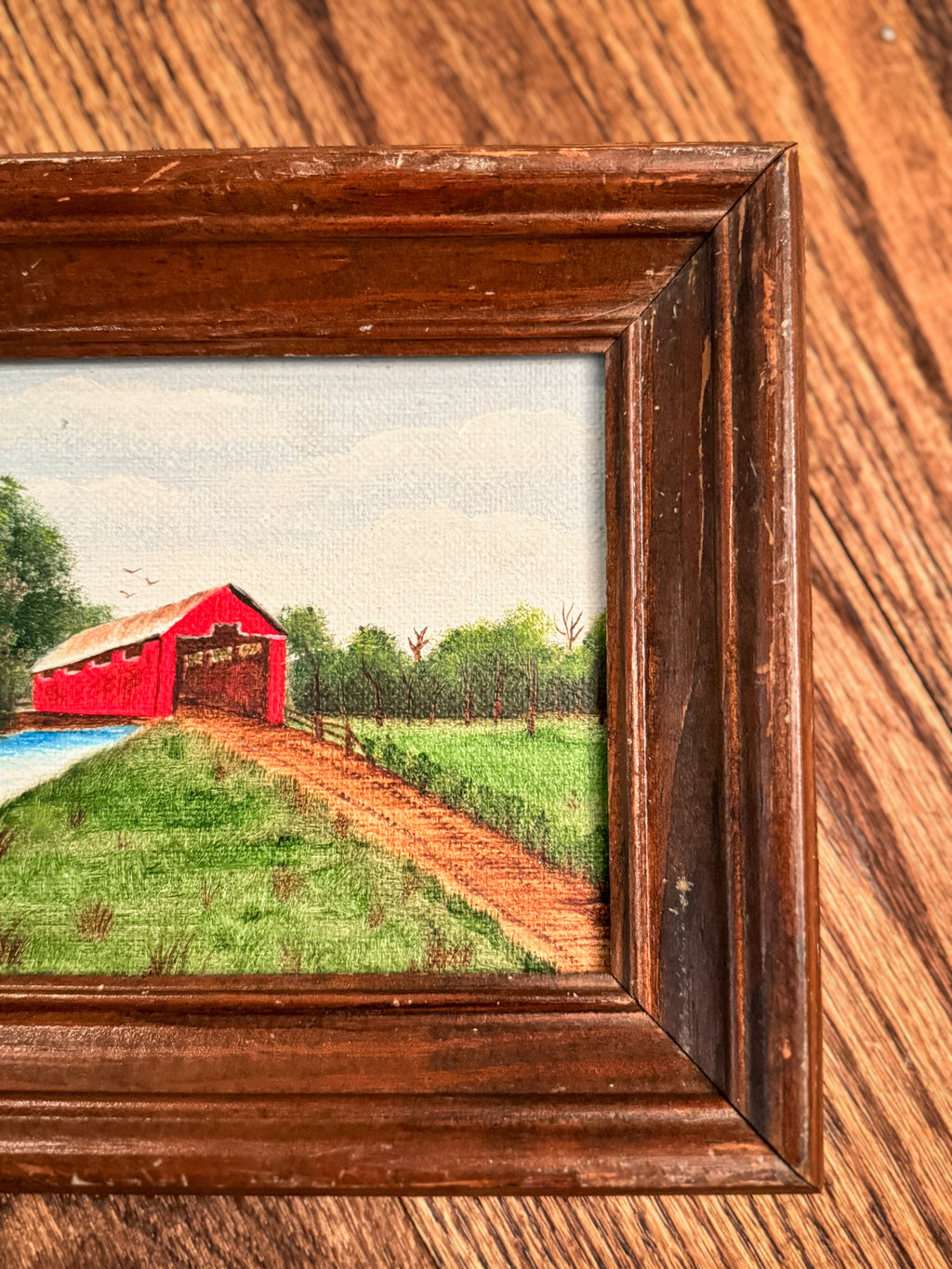 Original Framed Covered Bridge Landscape Painting | Oil on Board