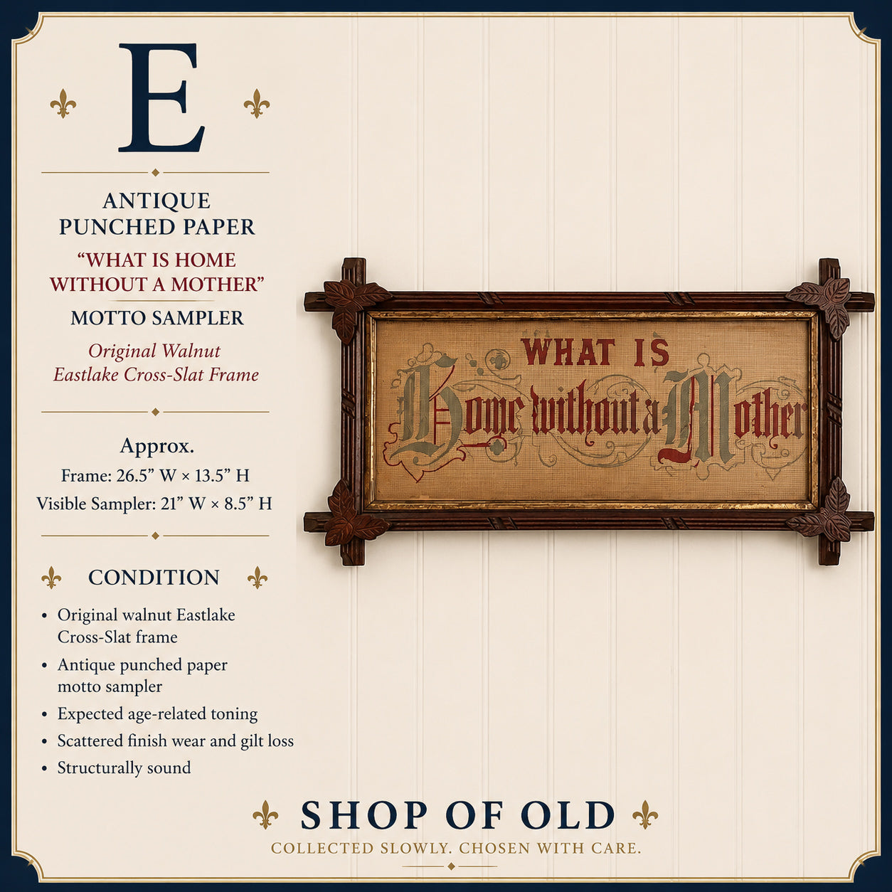 Antique Victorian Motto Sampler “What Is Home Without a Mother” | Eastlake Framed Needlework